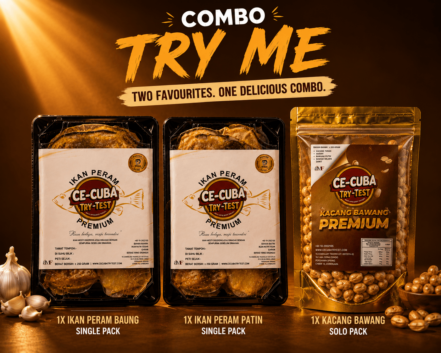 Combo Try Me — 1x Ikan Peram Baung, 1x Ikan Peram Patin, 1x Kacang Bawang Premium