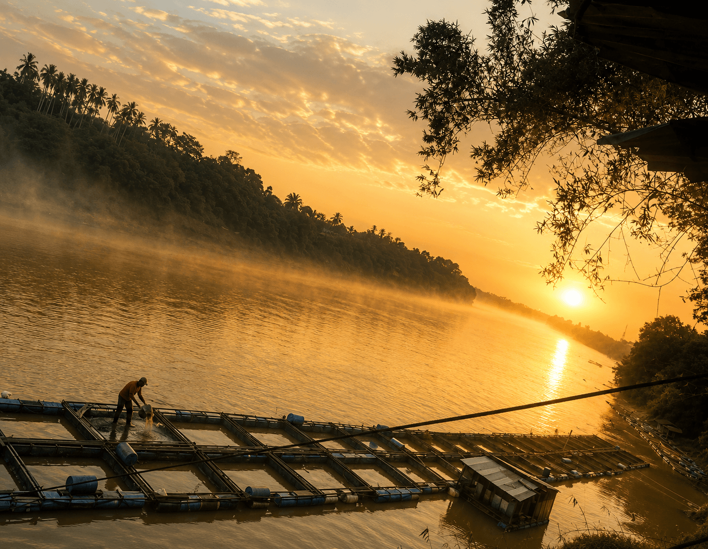 A fisherman tending floating sangkar (fish cages) on Sungai Pahang at sunrise in Temerloh